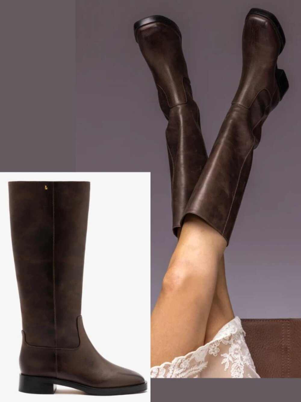 Larroude Anne Riding Boot Brown Shadow Crazy Horse Leather Knee High Pull On